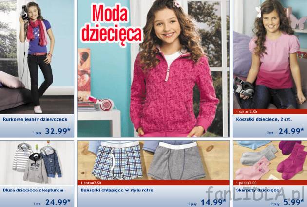 Moda dziecięca - ubrania: Rurkowe jeansy dziewczęce, bluza dziecięca z kapturem, ...