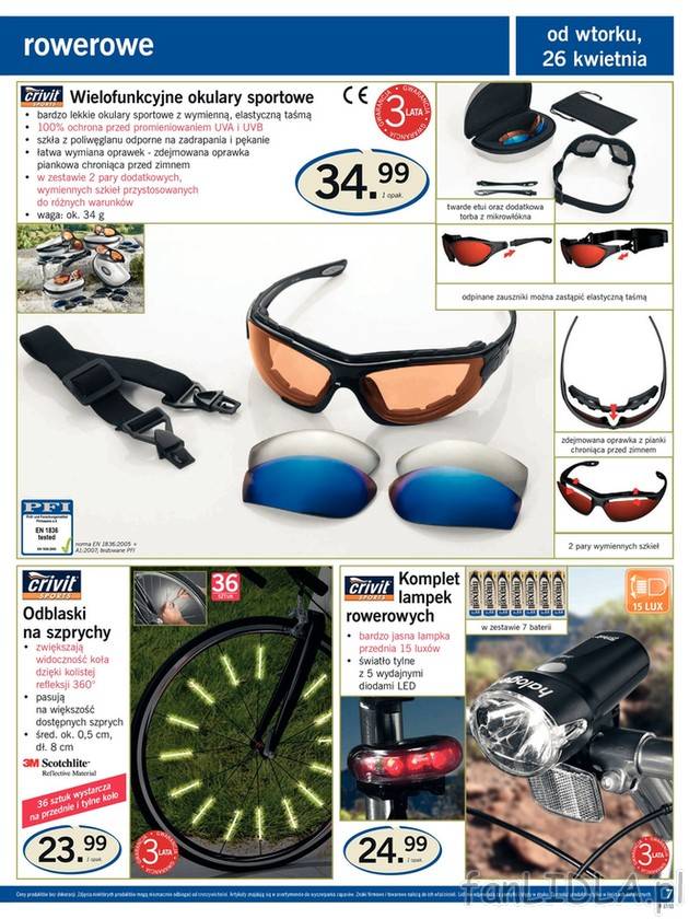 Wielofunkcyjne okulary sportowe Lidl w cenie 34,99PLN, odblaski na szprychy, komplet ...
