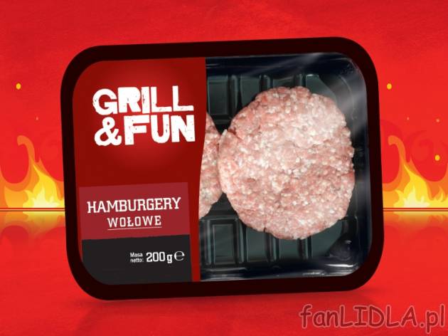 Hamburgery , cena 3,99 PLN za 200 g, 100g=2,00 PLN. 
- Wołowe burgery, które ...