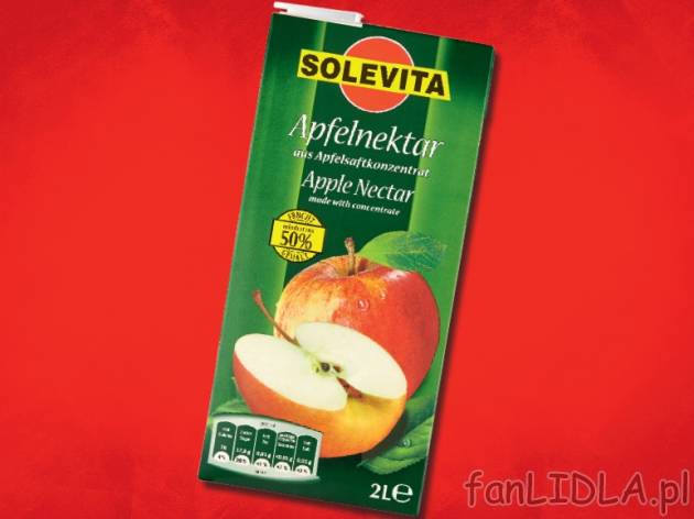 Nektar jabłkowy 50 % , cena 2,99 PLN za 2L/ 1 opak., 1L=1,50 PLN.