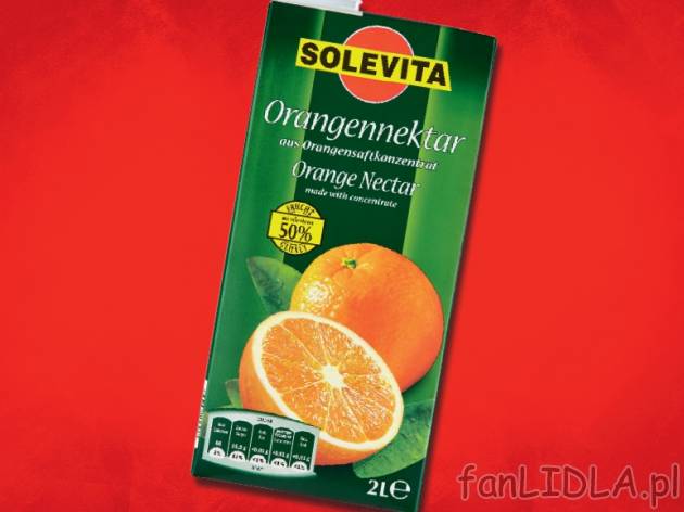 Nektar pomarańczowy 50 % , cena 3,19 PLN za 2L/1 opak., 1L=1,60 PLN.