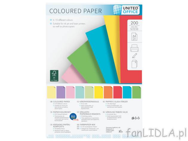 UNITED OFFICE® Papier kolorowy A4, 200 arkuszy , cena 17,99 PLN 
UNITED OFFICE® ...