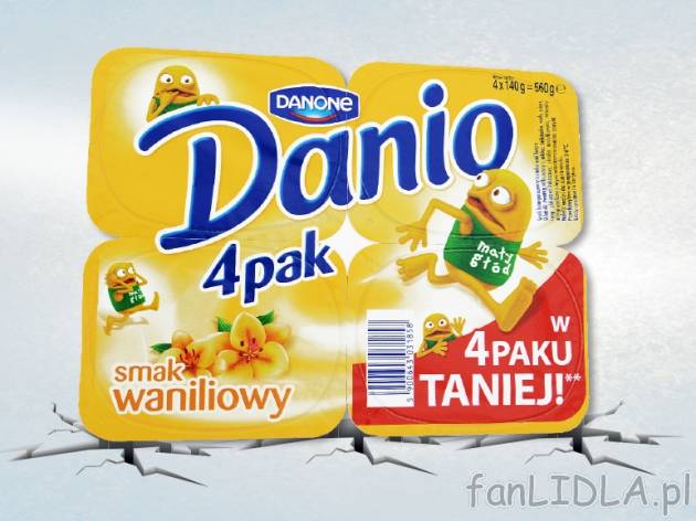 Danone Danio serek , cena 3,99 PLN za 4x140 g/ 1 opak., 1kg=7,13 PLN.