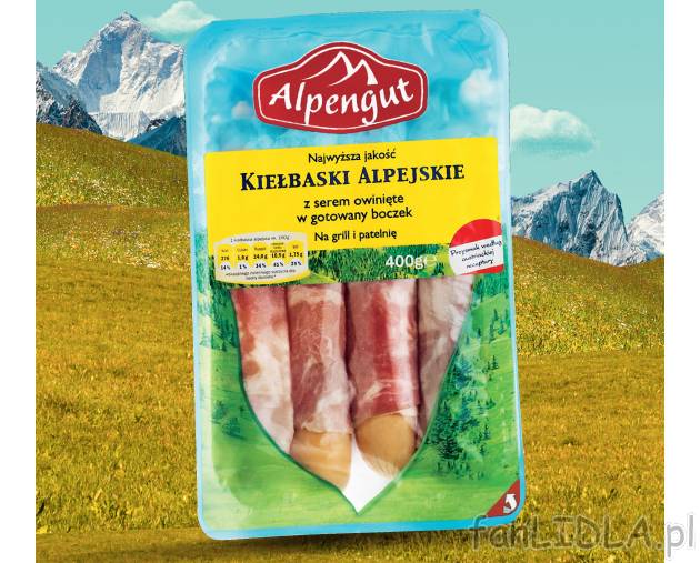Kiełbaski alpejskie , cena 8,99 PLN za 265/400 g / 1 opak. 
- Smaczne kiełbaski ...