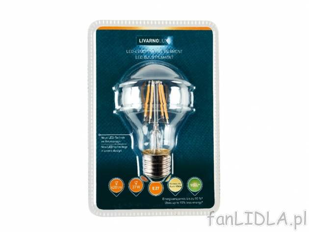 Żarówka filament LED , cena 19,99 PLN za 1 szt. 
- E27 
- moc: 4W 
- 4 diody ...
