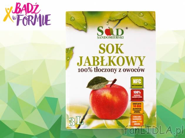 Sad Sandomierski Naturalny sok jabłkowy 100% , cena 11,99 PLN za 3L/1 opak., 1L=4,00 PLN.