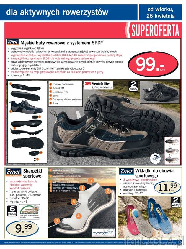 Męskie buty rowerowe SPD Crivit, cena 99PLN, skarpetki rowerowe, wkładki do obuwia ...