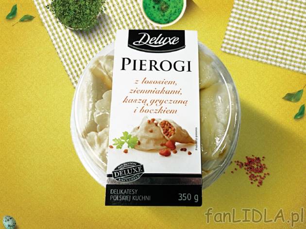 Deluxe Pierogi z łososiem , cena 5,00 PLN za 350 g/1 opak., 1 kg=17,11 PLN. 
- ...