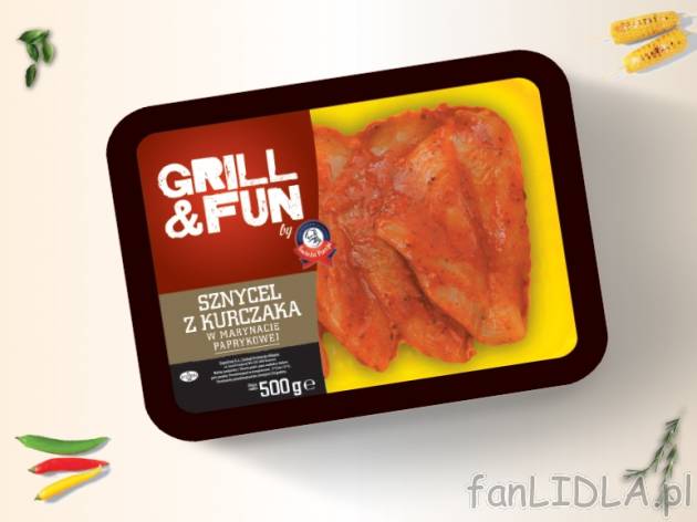 Grill&Fun Sznycel z kurczaka , cena 9,00 PLN za 500 g/1 opak., 1 kg=19,98 PLN.