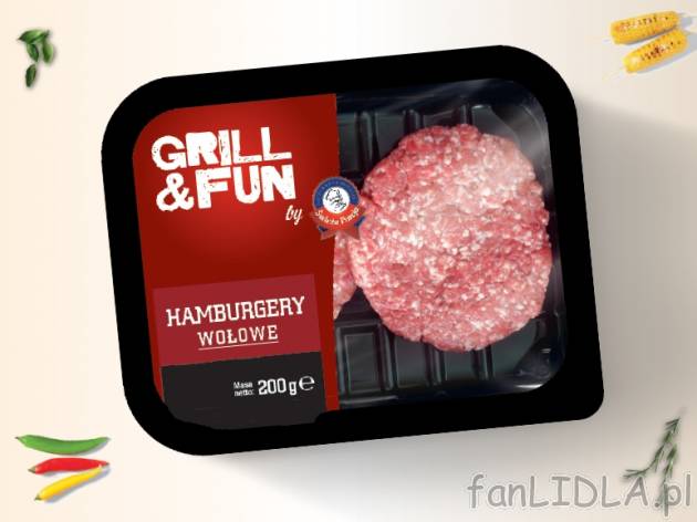 Grill&Fun Hamburgery wołowe , cena 9,00 PLN za 200 g/1 opak., 100 g=5,00 PLN.
