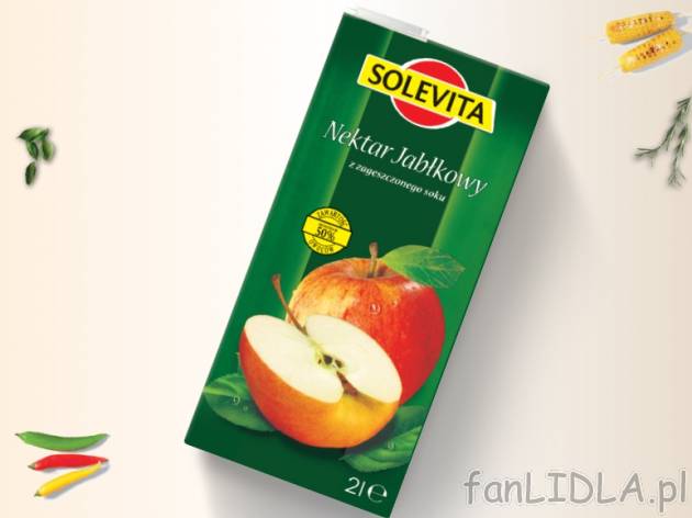 Solevita Nektar jabłkowy 2 l , cena 2,00 PLN za 2 l/1 opak., 1 l=1,40 PLN.