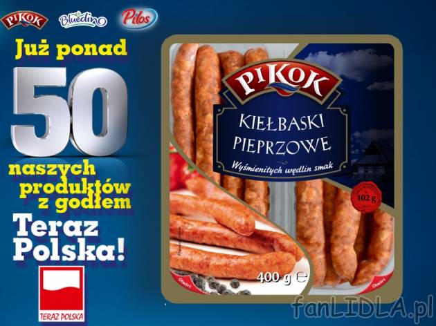 Pikkok Kiełbaski wieprzowe , cena 7,00 PLN za 400 g/1 opak., 1 kg= 19,98 PLN.
