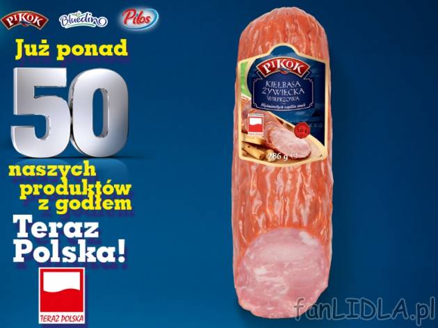 Pikok Kiełbasa żywiecka wieprzowa , cena 4,00 PLN za 286 g/1 opak., 1 kg=17,45 PLN.