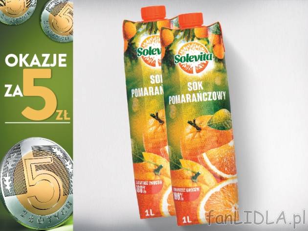 Solevita Sok pomarańczowy 2 opak. , cena 5,00 PLN za 2 x 1 l, 1 l=2,50 PLN. 
* ...