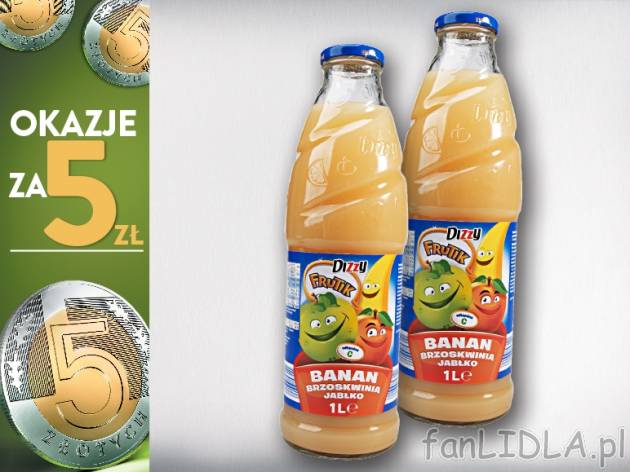 Dizzy Napój banan-jabłko-brzoskwinia, 2 but. , cena 5,00 PLN za 2 x 1 l, 1 l=2,50 ...