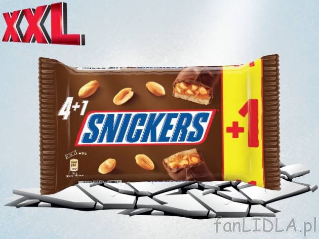 Snickers, Twix lub Mars* , cena 4,00 PLN za 5 x 45/50 g, 100 g=2,20/2,00 PLN. 
*produkt ...