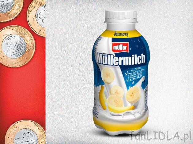 Mullermilch Napój mleczny , cena 2,00 PLN za 400 ml/1 opak., 1 l=5,00 PLN. 
różne ...