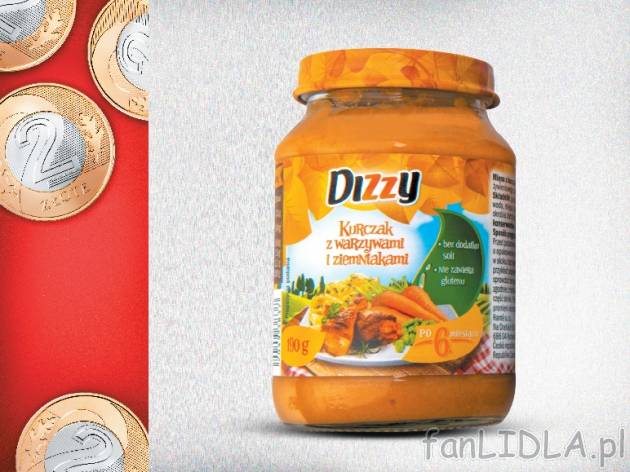 Dizzy danie dla niemowląt , cena 2,00 PLN za 190 g/1 opak., 100 g=1,05 PLN. 
różne ...