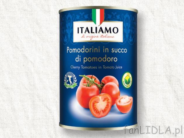 Włoskie pomidory wiśniowe , cena 2,00 PLN za 425 ml/1 opak., 1 l=5,86 PLN.