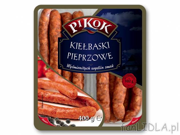 Pikok Kiełbaski pieprzowe , cena 7,00 PLN za 400 g/1 opak., 1 kg=19,98 PLN.