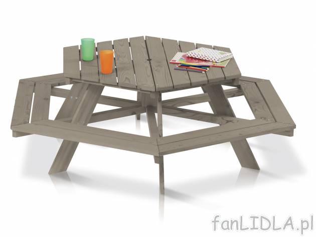 Drewniany stół z ławkami , cena 299,00 PLN 
- stabilny stół z 6 zamontowanymi ...