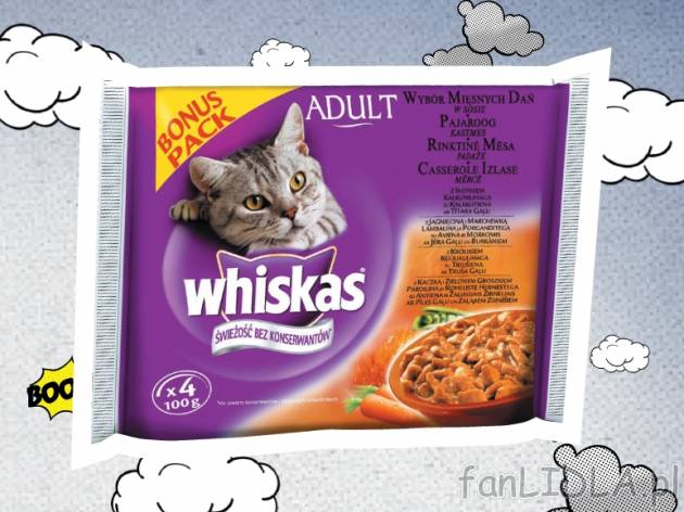 Whiskas Karma dla kotów , cena 4,69 PLN za 4x100 g, 1kg=11,73 PLN.  
-  Różne rodzaje