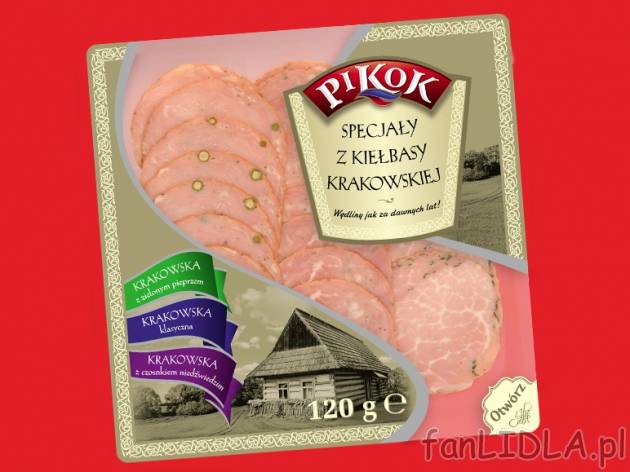 Specjały z kiełbasy krakowskiej , cena 3,59 PLN za 120 g, 100g=2,99 PLN.