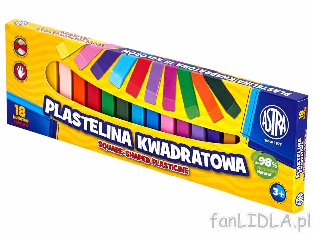 Plastelina kwadratowa Astra, 18 szt. , cena 6,49 PLN 
- 18 kolorów
- nie brudzi ...