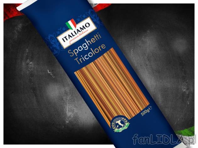 Spaghetti tricolore , cena 3,49 PLN za 500 g, 1kg=6,98 PLN. 
- Prawdziwie włoski, ...