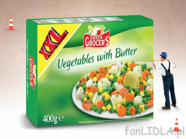 Warzywa z masłem , cena 2,99 PLN za 400 g, 1kg=7,48 PLN. 
- Mieszanka z masłem ...