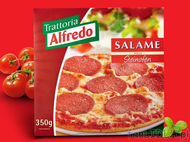 Pizza z salami , cena 4,63 PLN za 350 g, 1 kg = 13,23 PLN.  
-  Wypiekana w piecu.  