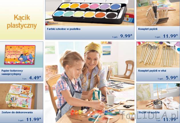 Kącik plastyczny: farbki szkolne w pudełku akwarele, papier kolorowy samoprzylepny, ...