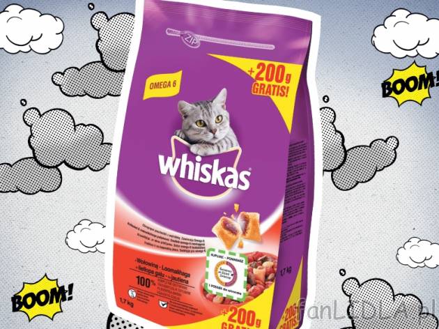 Whiskas karma dla kotów , cena 12,99 PLN za 1,7kg, 1kg = 7,64 PLN.  
-  różne rodzaje
