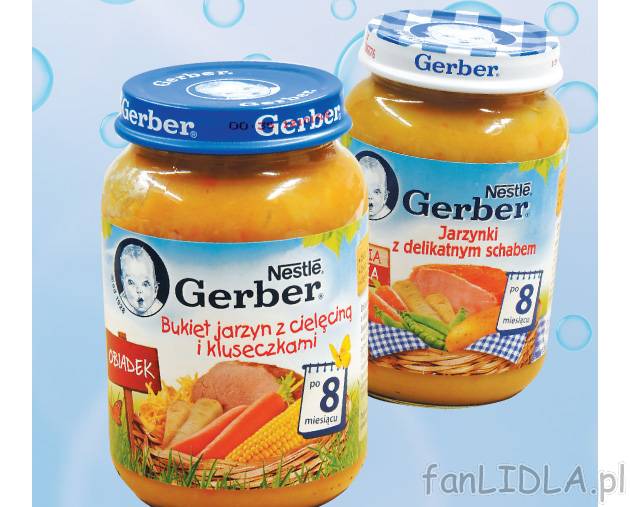 Gerber dania dla niemowląt , cena 4,95 PLN za 190 g/1 opak. 
-  Różne rodzaje.
