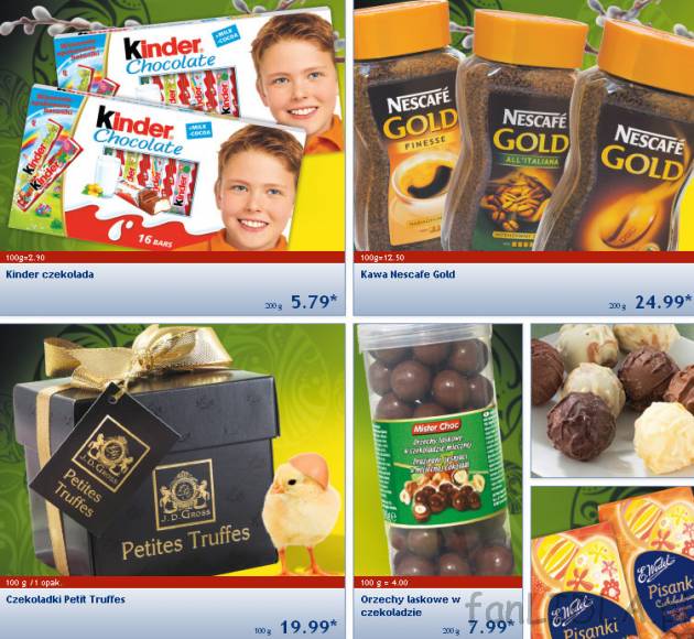 Kinder czekolada, Kawa Nescafe Gold, Czekoladki Petites Truffes, orzechy laskowe ...