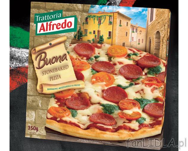 Pizza Buona , cena 4,99 PLN za 350 g/1 opak. 
- Z wędzonym salami peperoni, mozzarellą ...