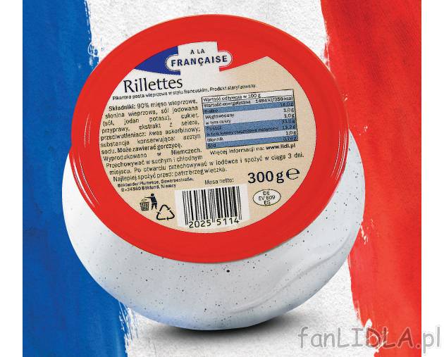 Rillettes , cena 6,99 PLN za 300 g/1 opak. 
- Z wieprzowiny wykonane według francuskiej ...