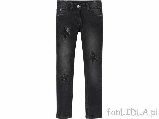 Jeansy , cena 29,99 PLN. Spodnie jeansowe dla dziewczynek z aplikacjami w kształcie ...