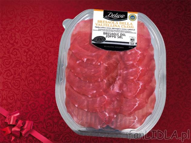 Włoska szynka wołowa Bresaola , cena 9,99 PLN za 80 g, 100g=12,49 PLN. 
- Delikatna ...