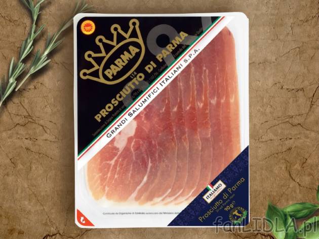 Oryginalna szynka parmeńska , cena 8,59 PLN za 90 g/1 opak., 100g=9,54 PLN.