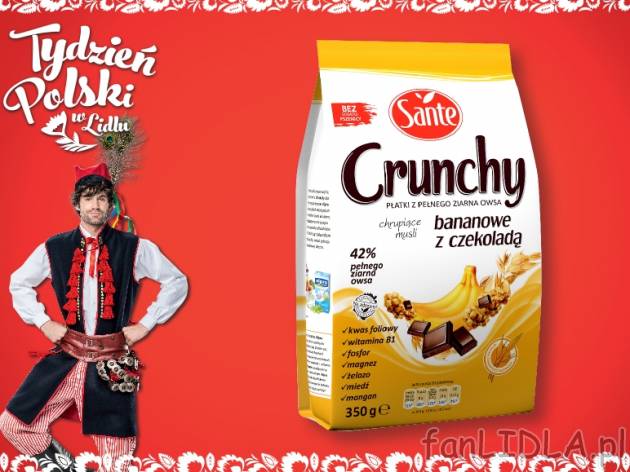 Sante Crunchy bananowe lub owocowe , cena 4,69 PLN za 350 g/1 opak., 1kg=13,40 PLN.