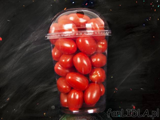 Pomidory truskawkowe w kubku , cena 4,49 PLN za 250 g/1 opak., 100g=1,80 PLN.