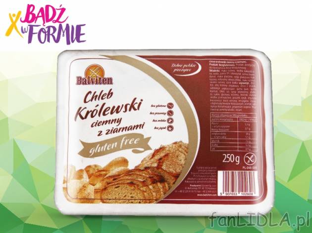 Chleb królewski, ciemny z ziarnami, bezglutenowy , cena 4,99 PLN za 250 g/1 opak., ...