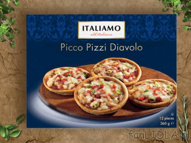 Mini pizza Diavolo 12 sztuk , cena 7,99 PLN za 360 g/1 opak., 1kg=22,19 PLN.