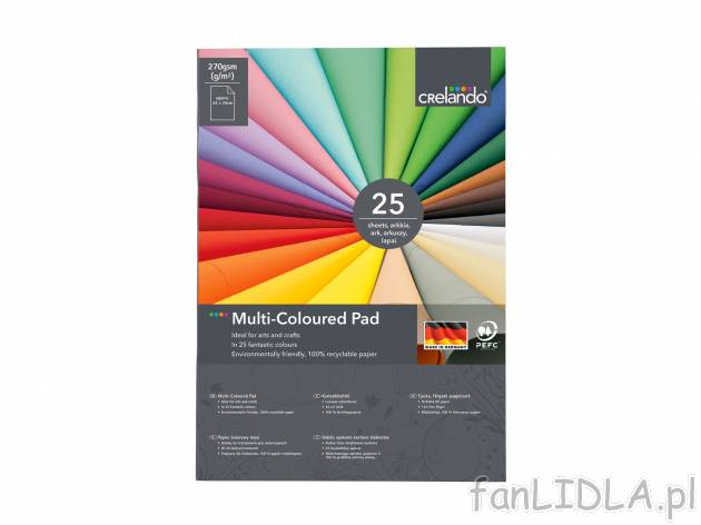 Papier kolorowy, 25 arkuszy , cena 12,99 PLN za 1 opak. 
-  ok. 24 x 34 cm
-  270 g/m2