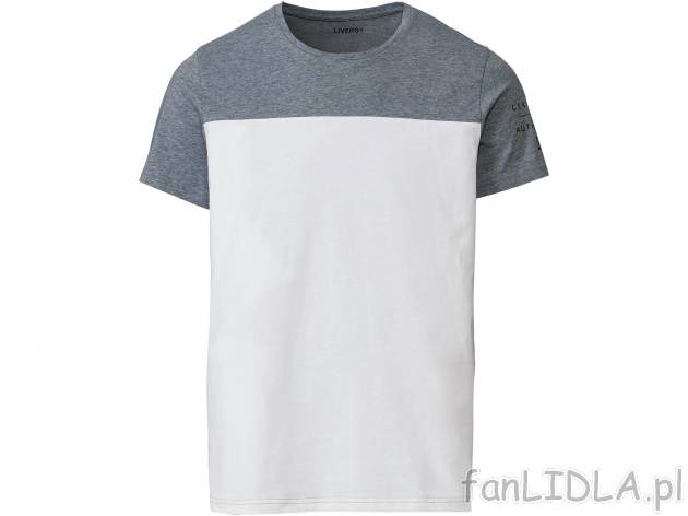 T-shirt Livergy, cena 19,99 PLN 
- modny nadruk na rękawie
- 85% bawełny, 15% ...