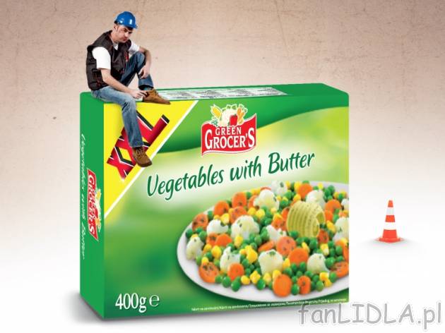 Warzywa z masłem , cena 2,99 PLN za 400 g, 1kg=7,48 PLN. 
- Mieszanka z masłem ...