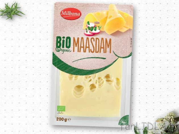 Milbona Bio Gouda lub Maasdamer w plastrach , cena 4,00 PLN za 200 g/1 opak., 100 ...