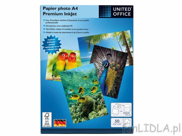 Papier fotograficzny A4 Premium InkJet United Office, cena 24,99 PLN za 1 opak. ...