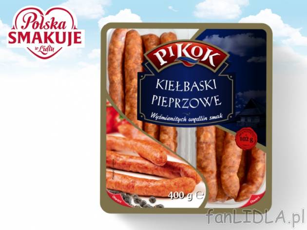 Pikok Kiełbaski pieprzowe , cena 7,00 PLN za 400 g/1 opak., 1 kg=18,73 PLN.